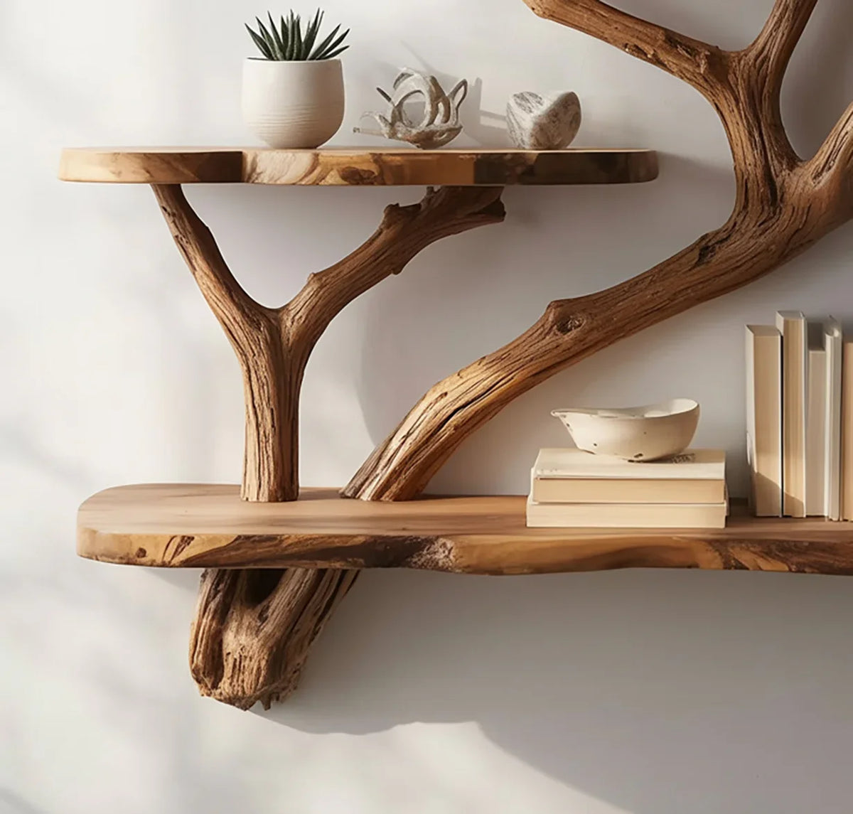 Live edge solid wood tree bookshelf with books, ceramics, and a potted plant on shelves.