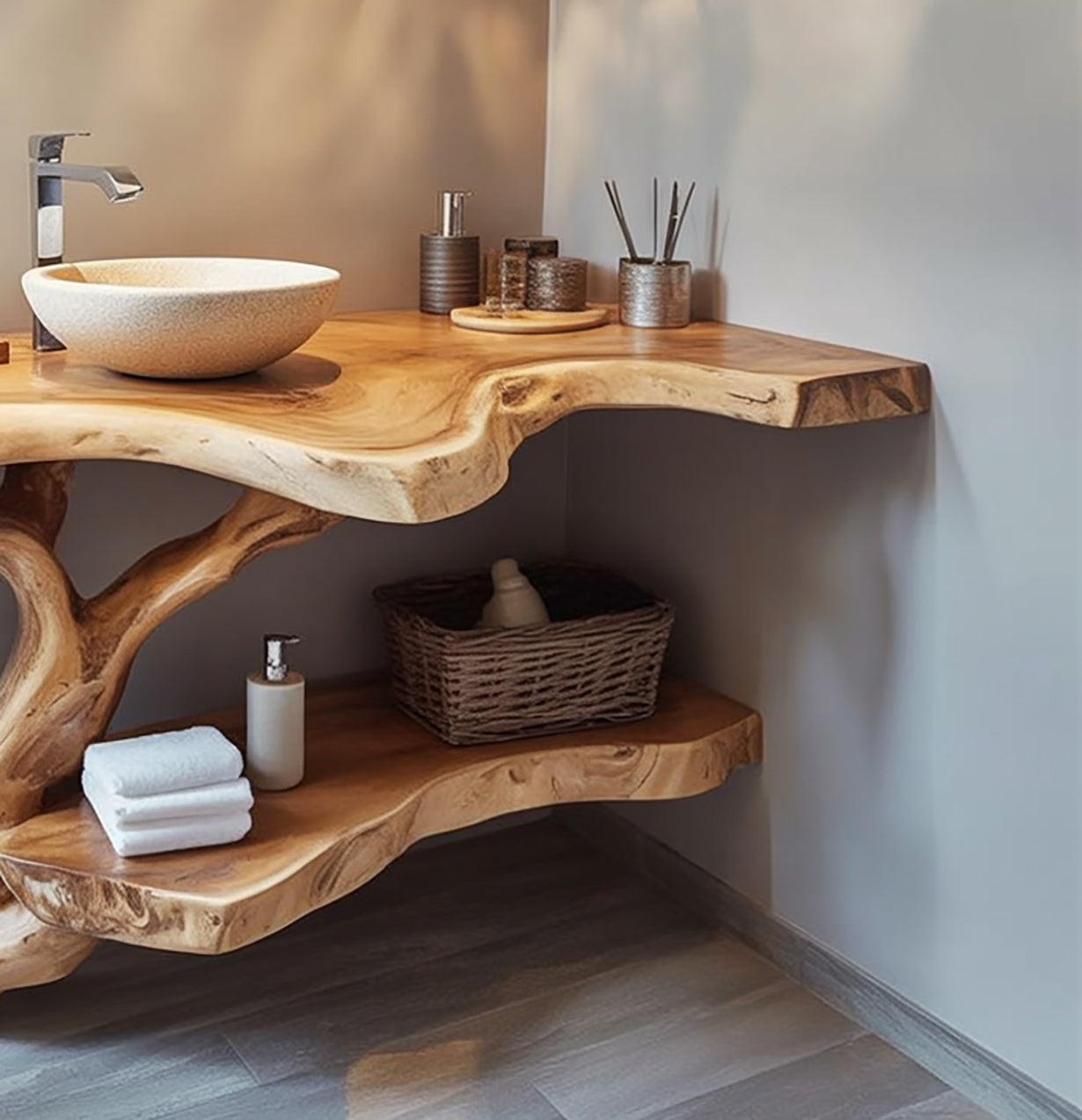 Live edge solid wood bathroom vanity with vessel sink, natural finish, and minimalist decor