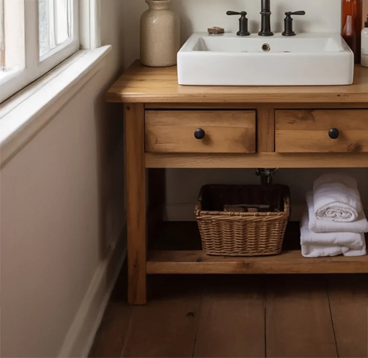 Solid wood bathroom vanity with white vessel sink, wicker basket, and folded towels