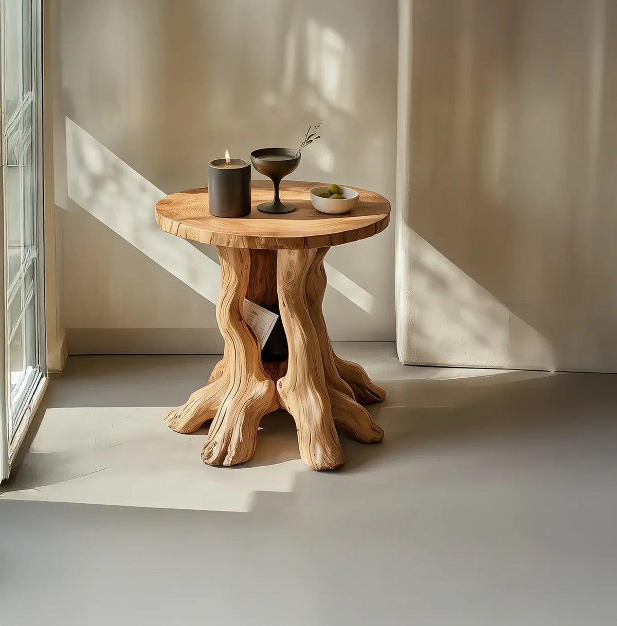 Solid wood live edge side table with natural tree base, candle and decor on top