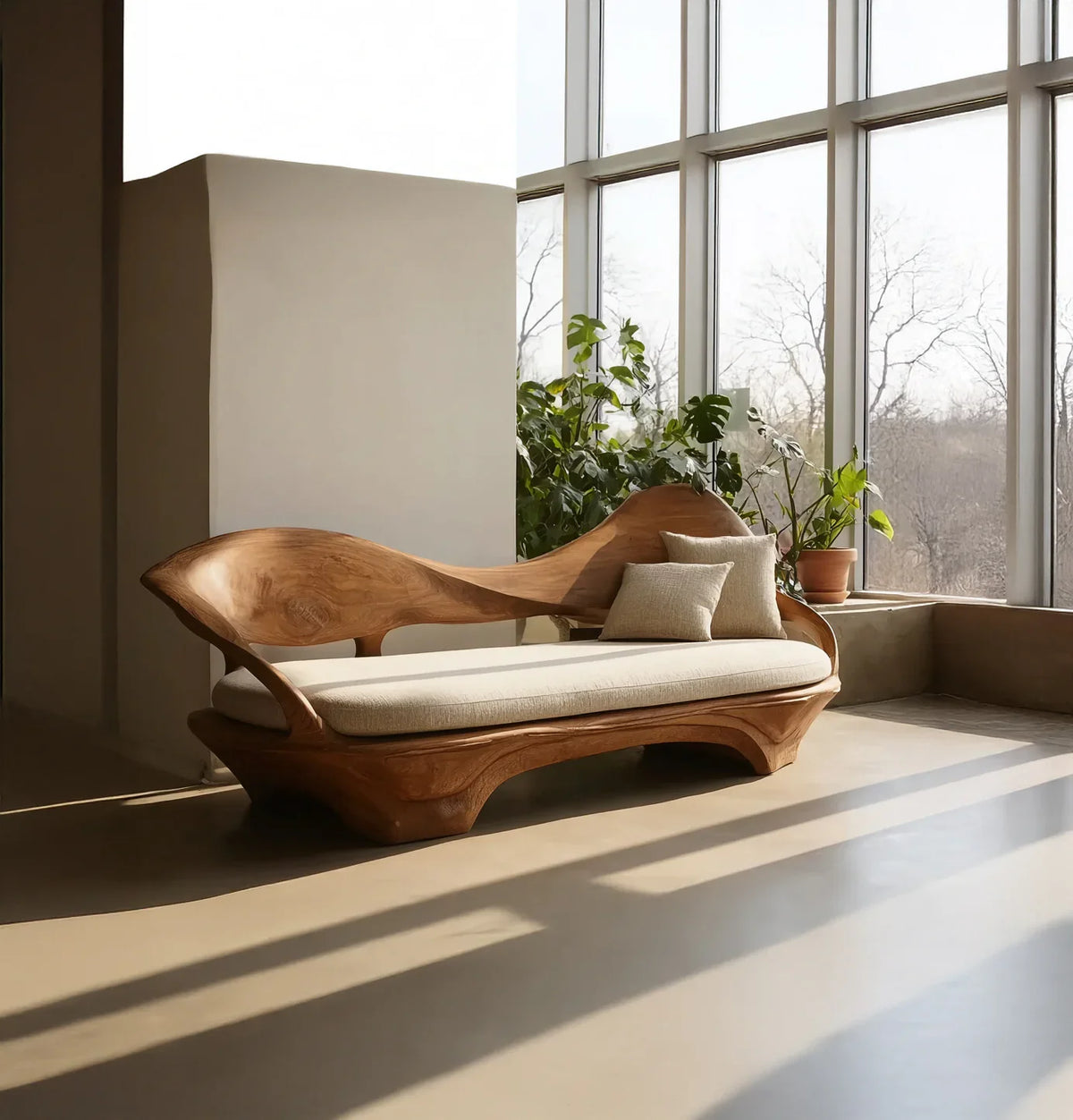 Modern live edge wood sofa with beige cushion in sunlit room near large windows and potted plants