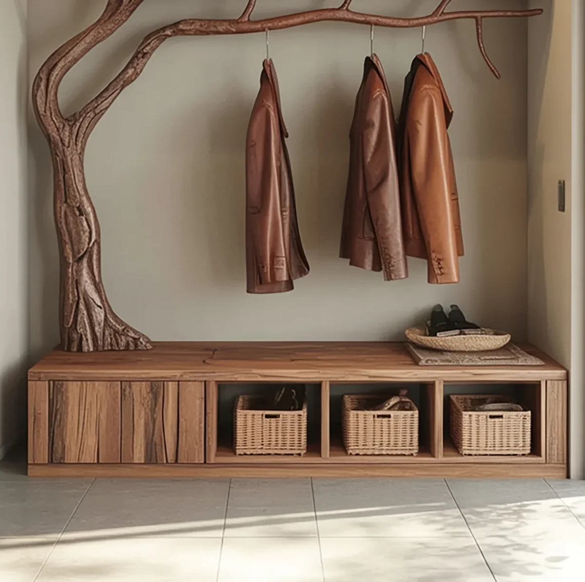 Entryway with live edge wooden bench, tree branch coat rack, and wicker storage baskets