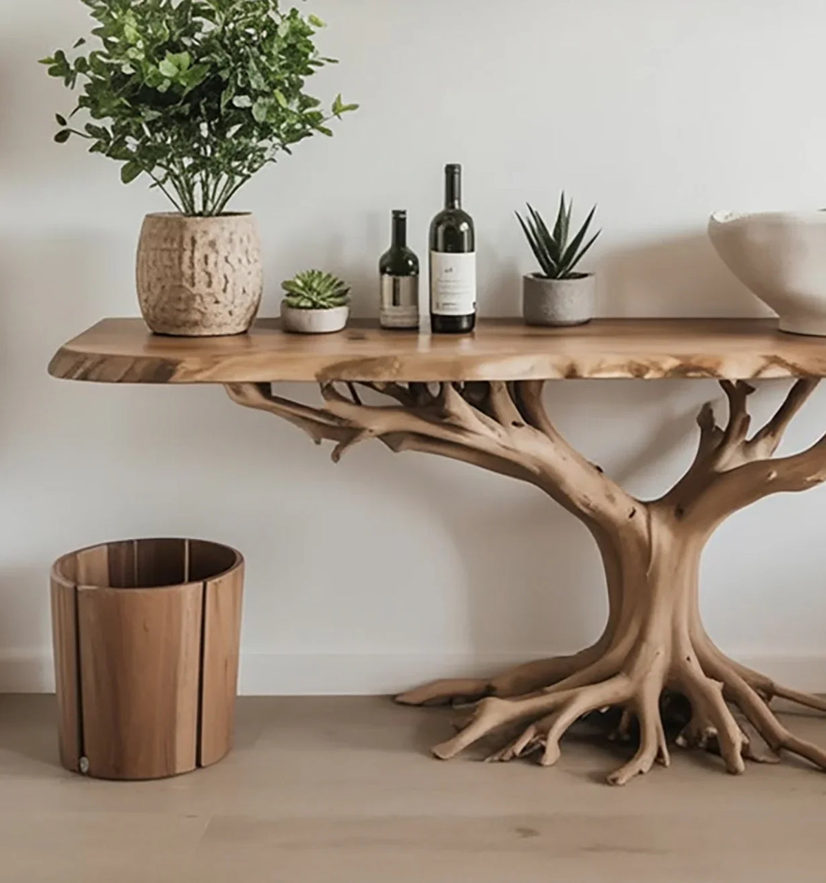 Sustainably crafted live edge wood table with tree root base, plants, and decor in modern room