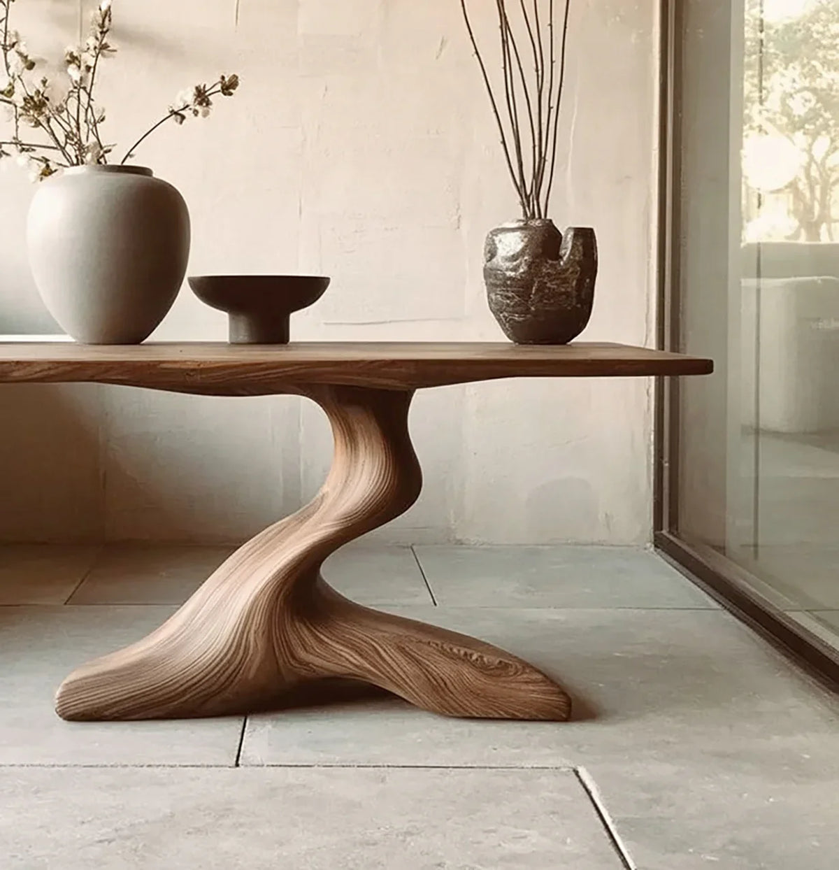 Sculptural solid wood live edge table in modern interior with ceramic vases and dried branches