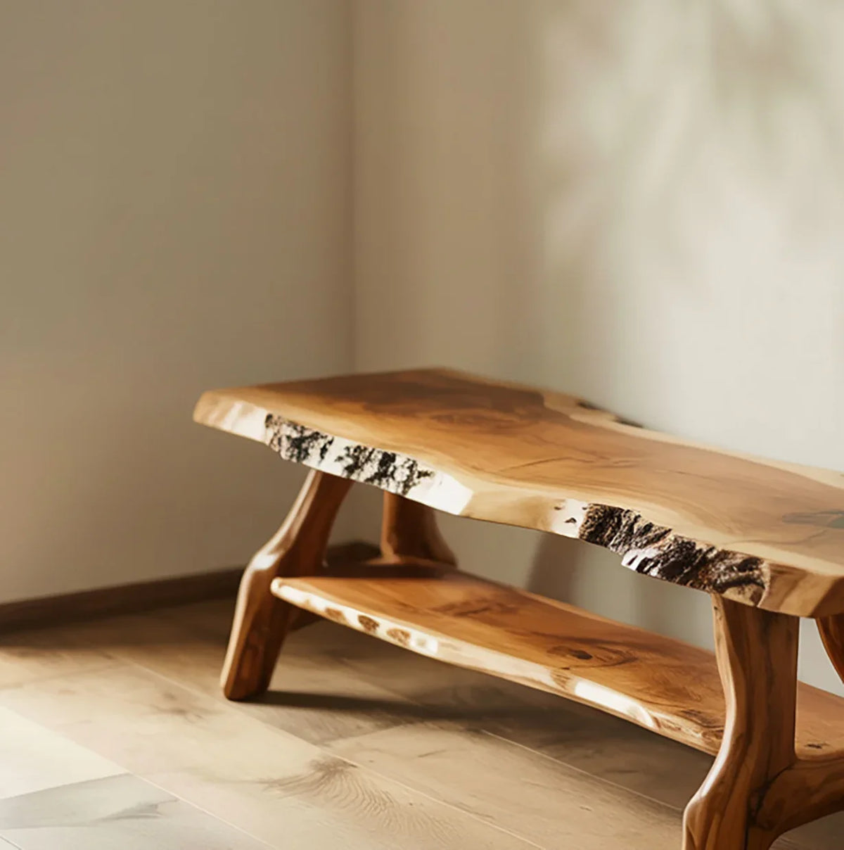Live edge solid wood bench with natural finish and unique grain, set in a sunlit room.