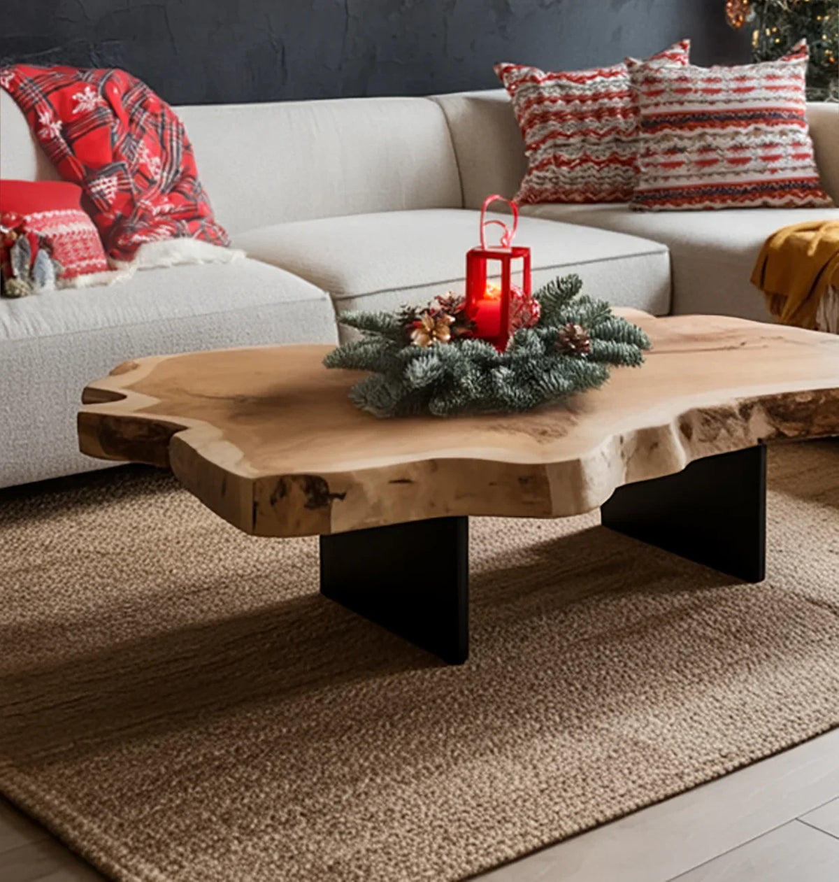 Live edge wooden coffee table with festive candle centerpiece in cozy living room with beige sectional sofa