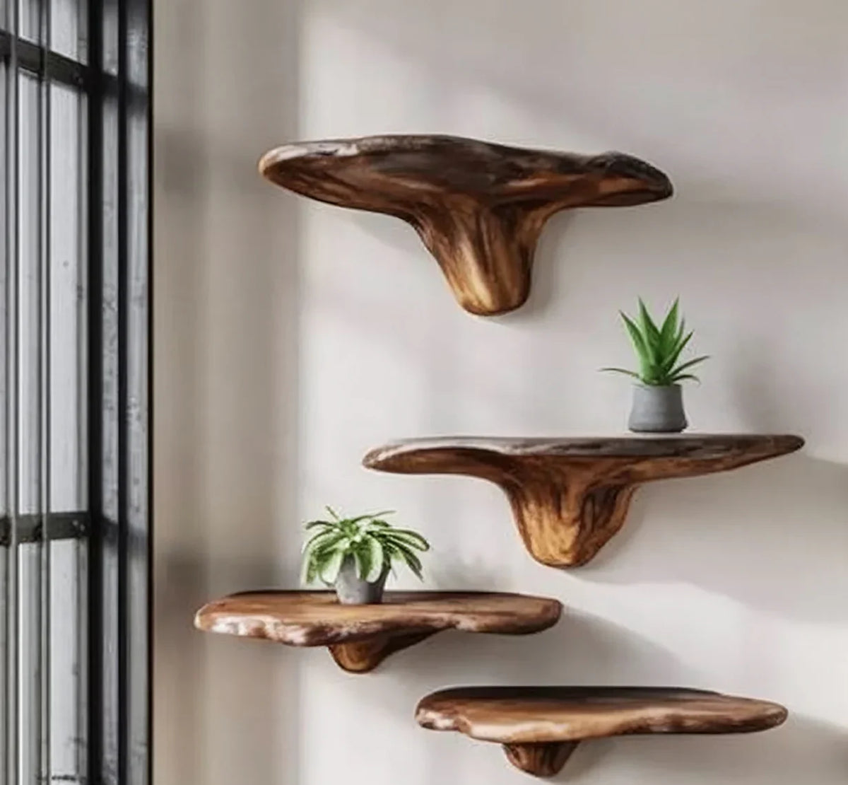 Live edge solid wood floating shelves with small potted plants on a modern wall