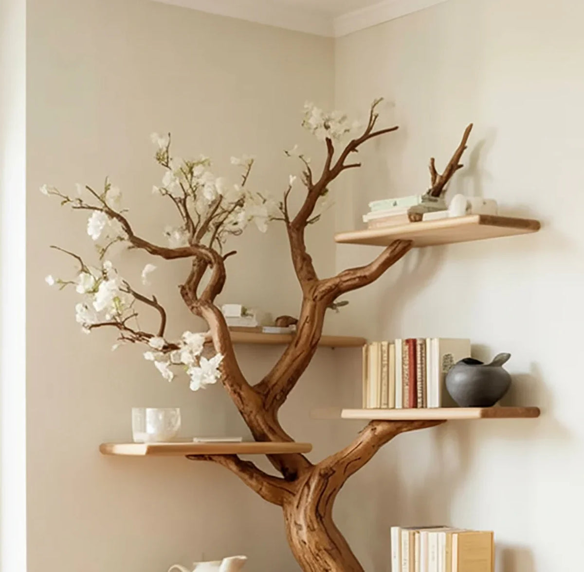 Live edge tree bookshelf with floating wood shelves, books, and decorative items in a modern room