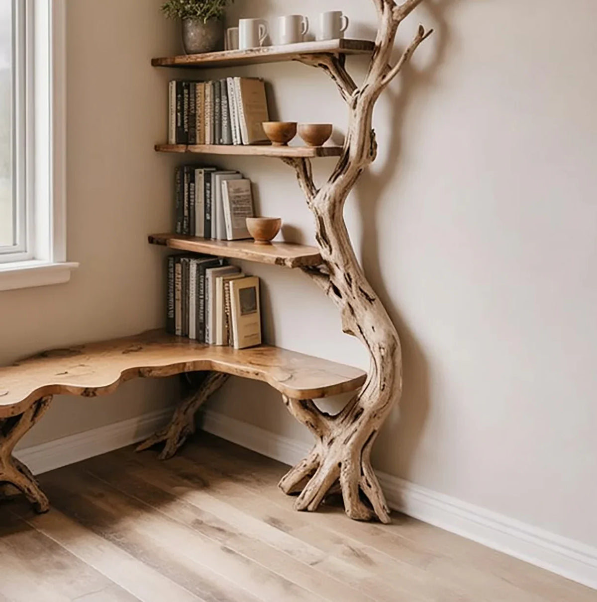 Live edge solid wood corner bookshelf and bench with tree branch design, modern rustic decor