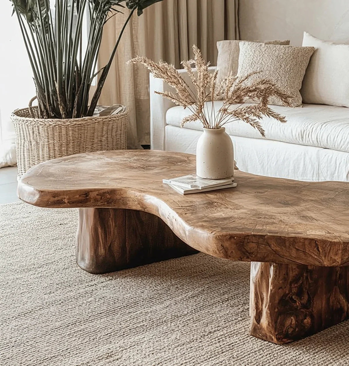 Live edge solid wood coffee table with a ceramic vase and dried grass in a cozy living room