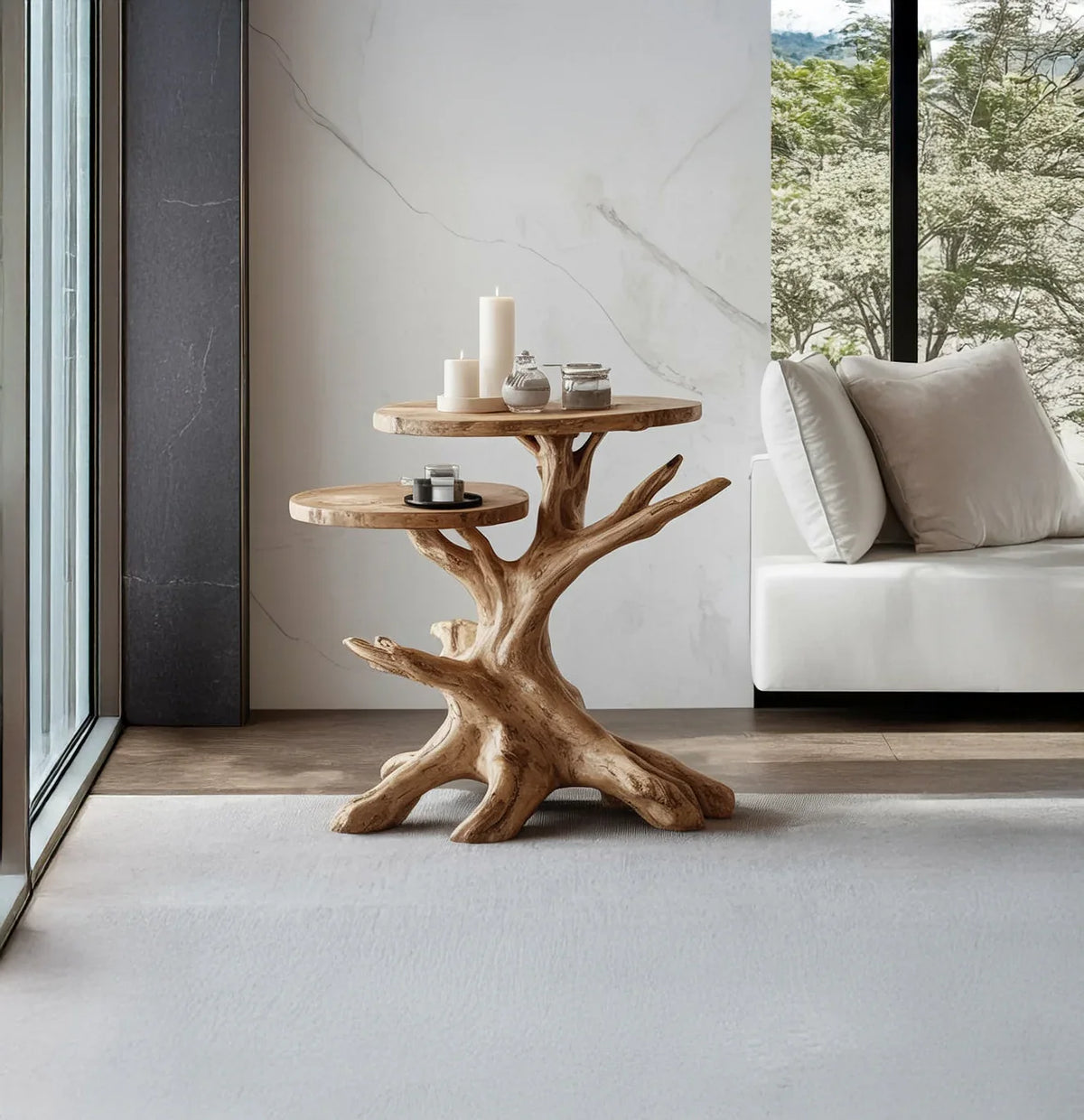 Solid wood tree branch side table with candles in modern living room