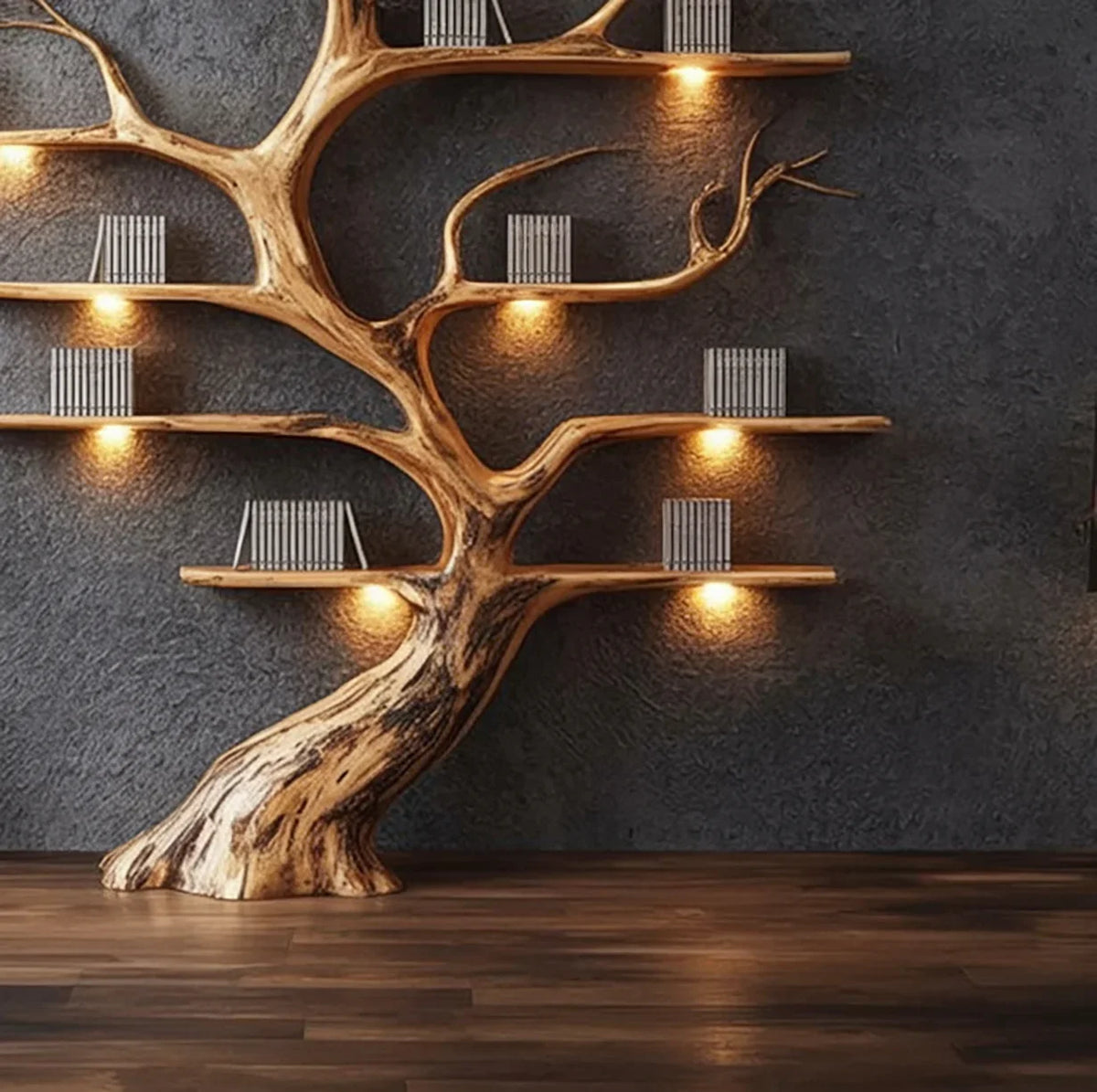 Tree-shaped solid wood bookshelf with integrated lighting against a dark wall, modern decor