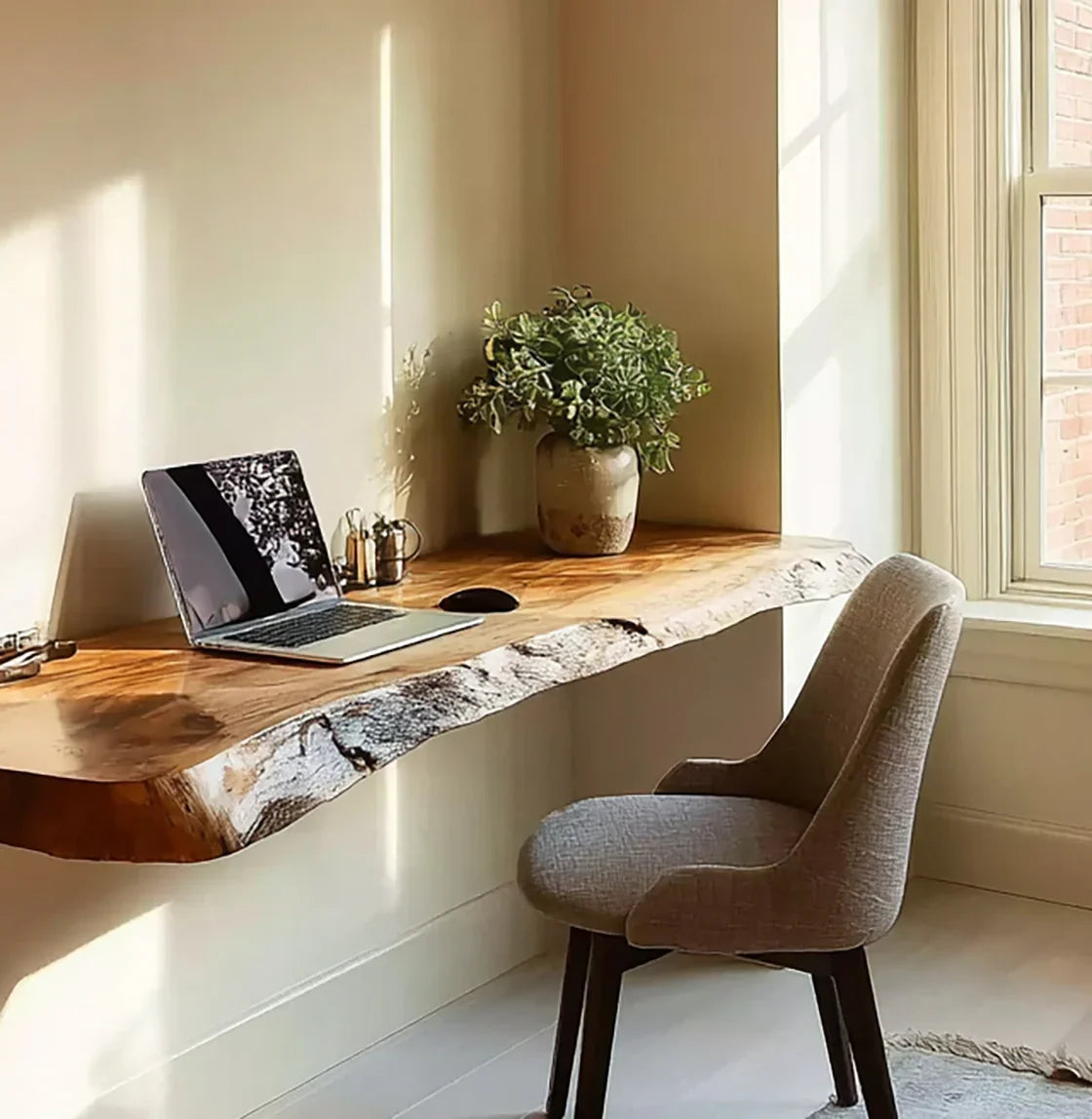 Live edge solid wood floating desk with laptop, plant, and upholstered chair by window