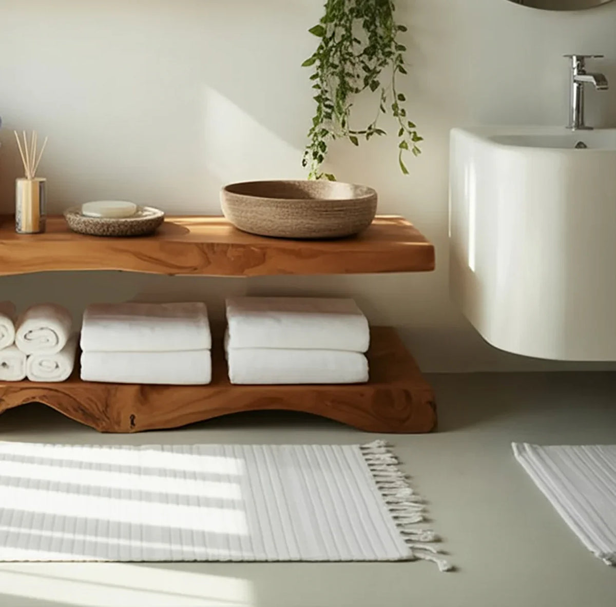 Modern bathroom with live edge wood floating shelves, folded white towels, and minimalist decor.