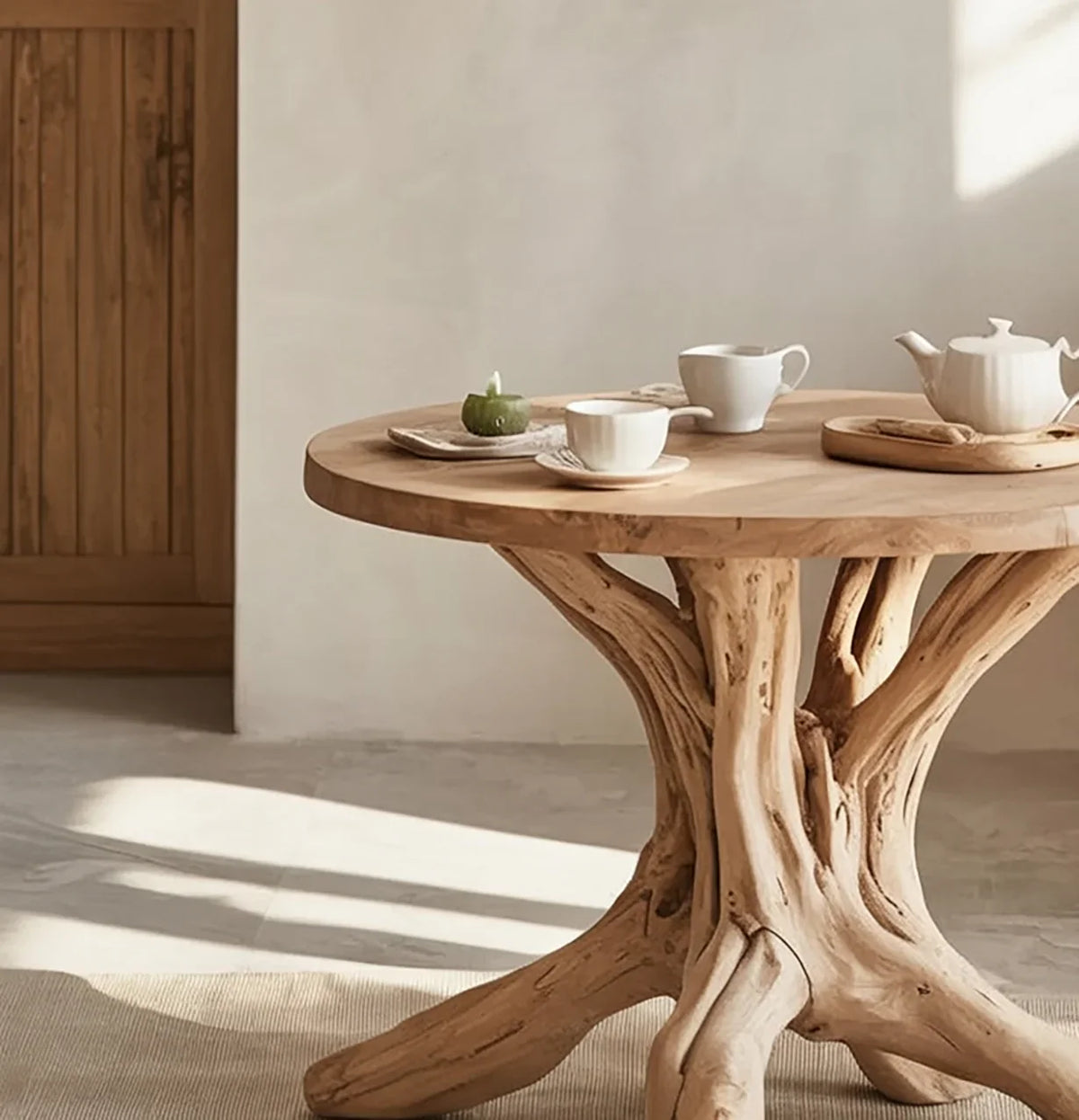 Solid wood live edge round table with unique tree branch base, set for tea in a sunlit room