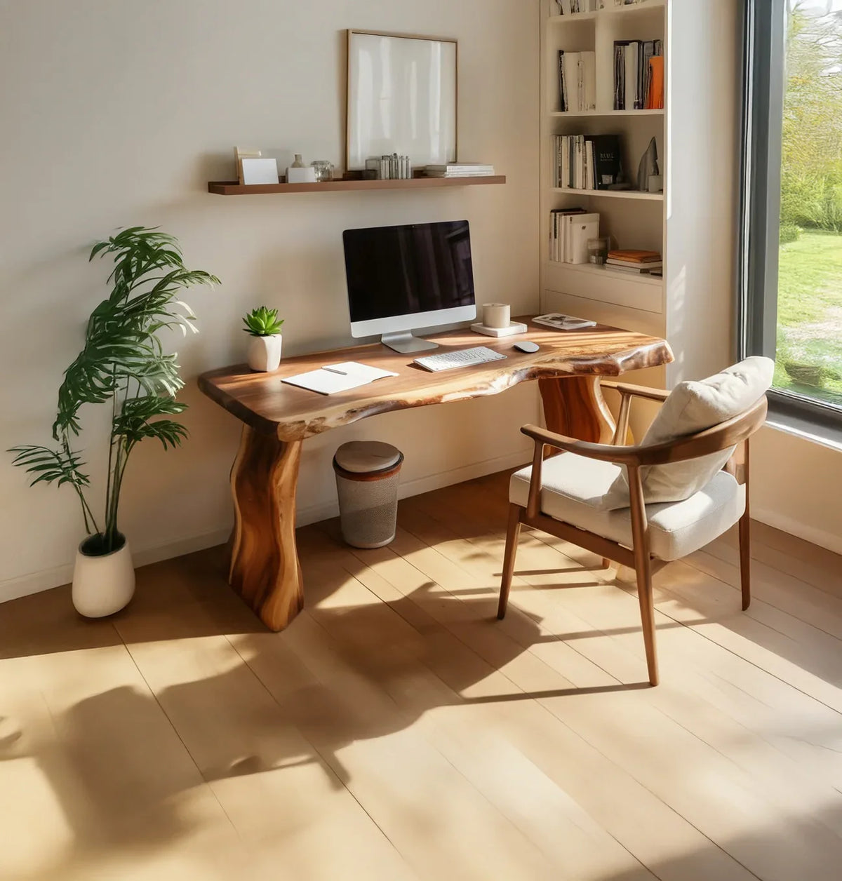Modern home office with live edge solid wood desk, armchair, and minimalist decor by a window