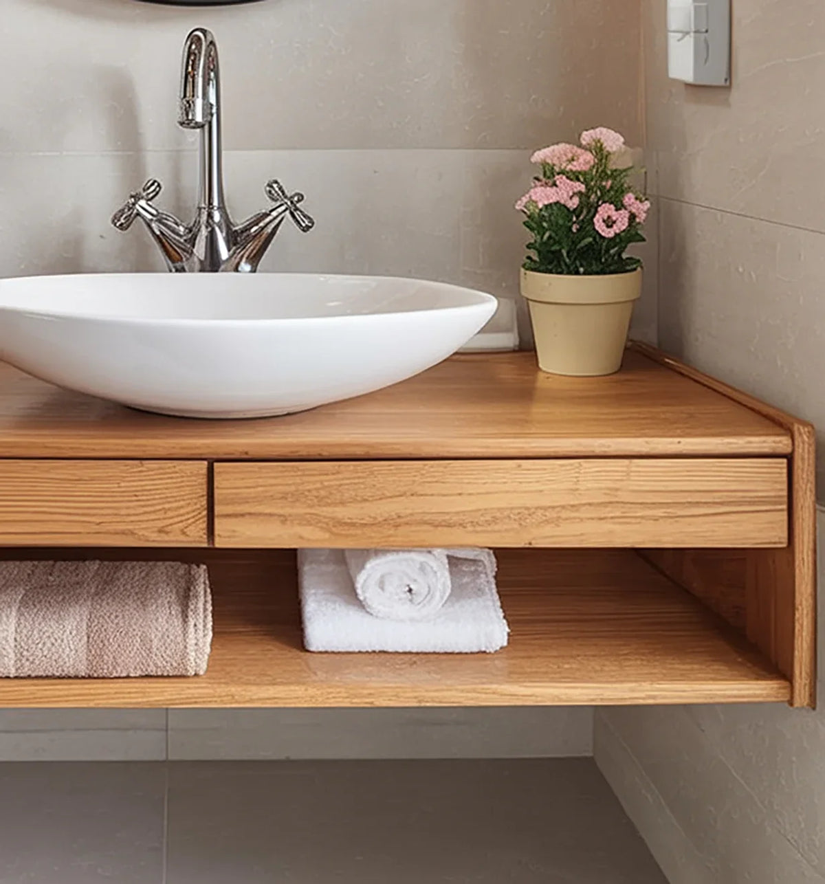 Solid wood floating bathroom vanity with vessel sink, pink flowers, and folded towels