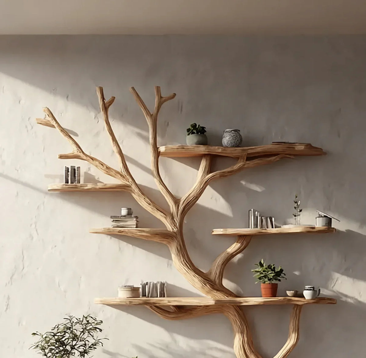Tree-shaped solid wood bookshelf with books, plants, and decor on a textured wall.