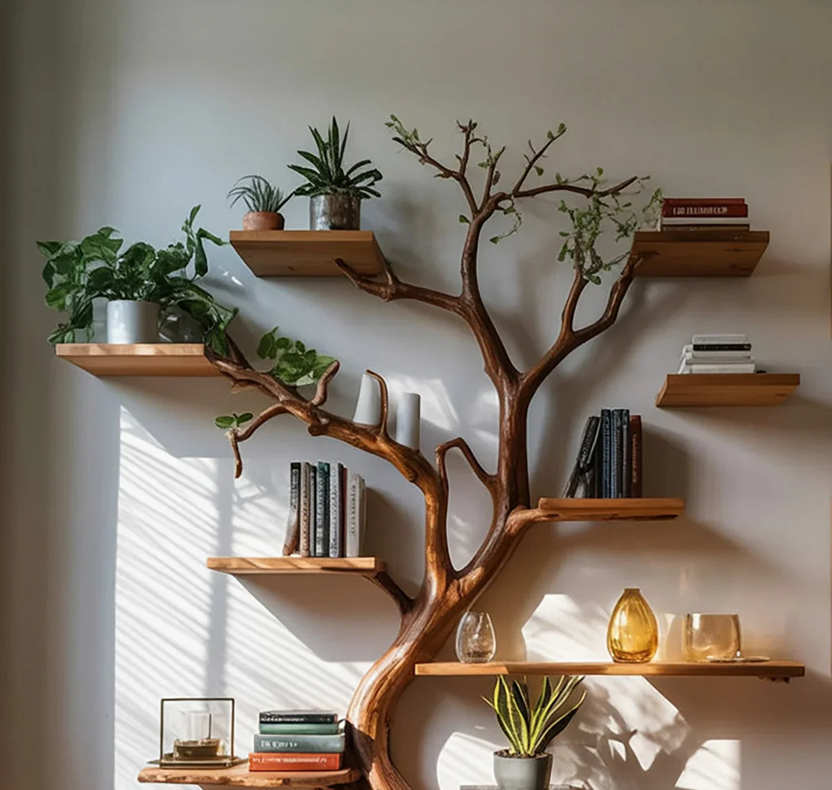 Tree-shaped wooden bookshelf with live edge shelves, plants, books, and decorative vases