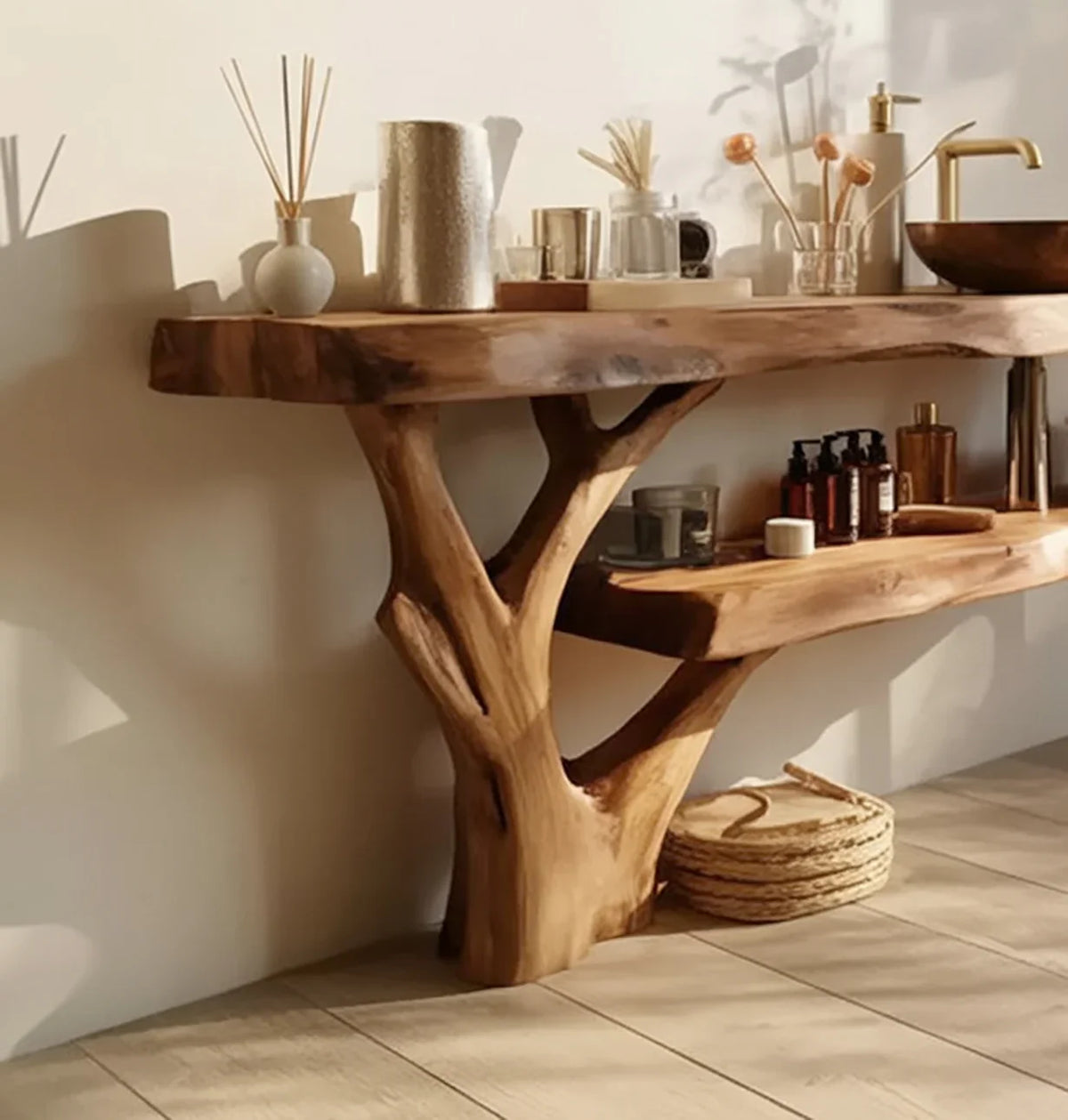 Live edge solid wood console table with tree branch base, decorated with natural home accessories