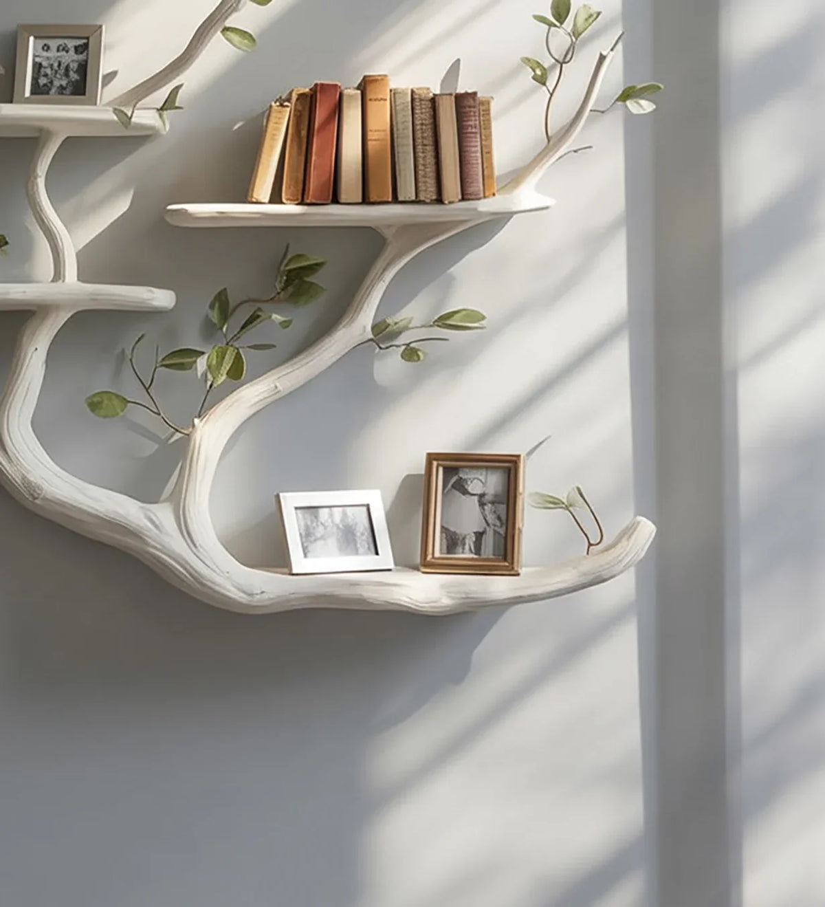 Tree branch-inspired floating bookshelf with books, photo frames, and decorative leaves on a light wall.