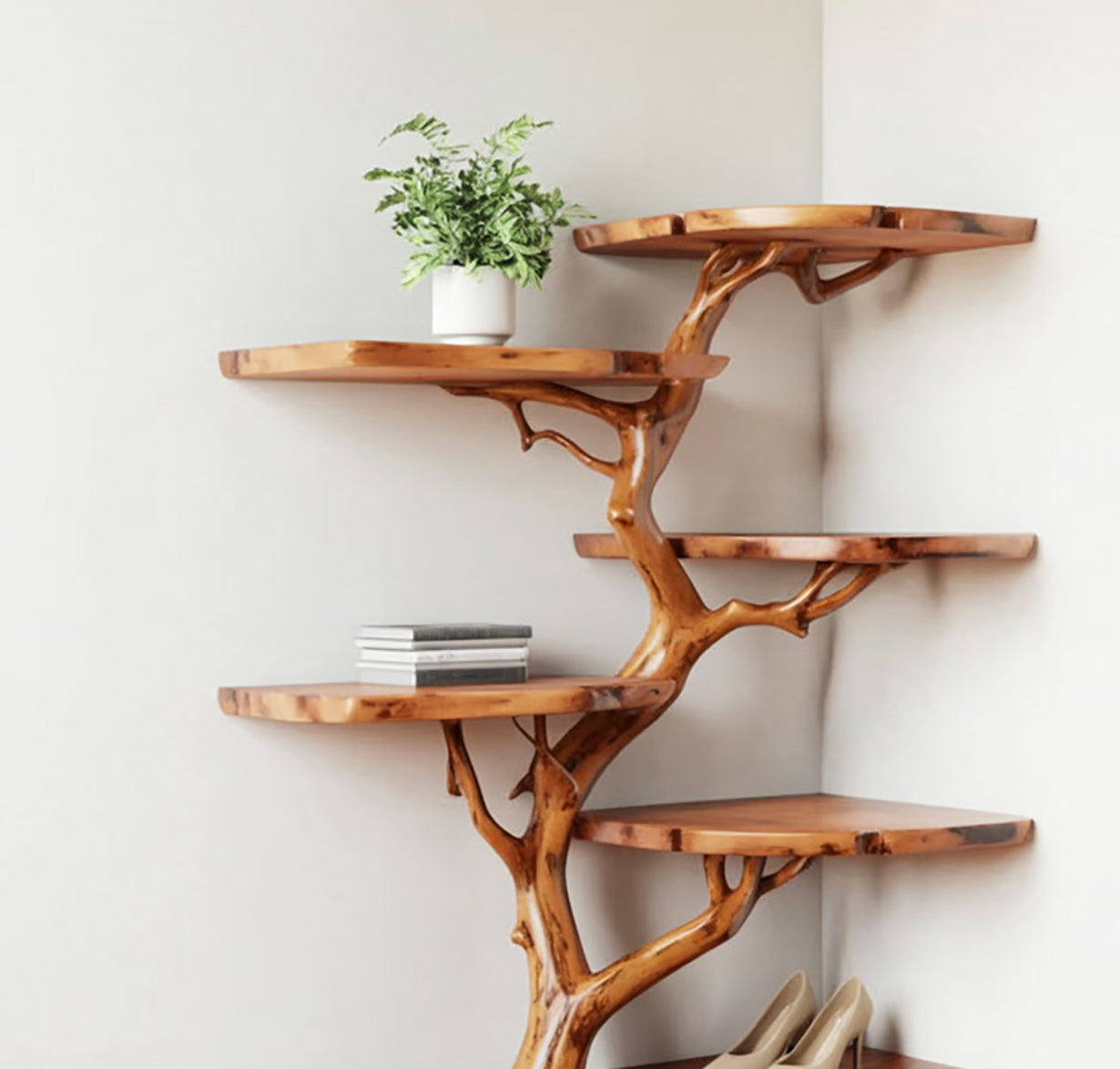 Corner Tree Shelf – Handcrafted Solid Wood Branch Shelf, Artistic Floating Corner Bookcase