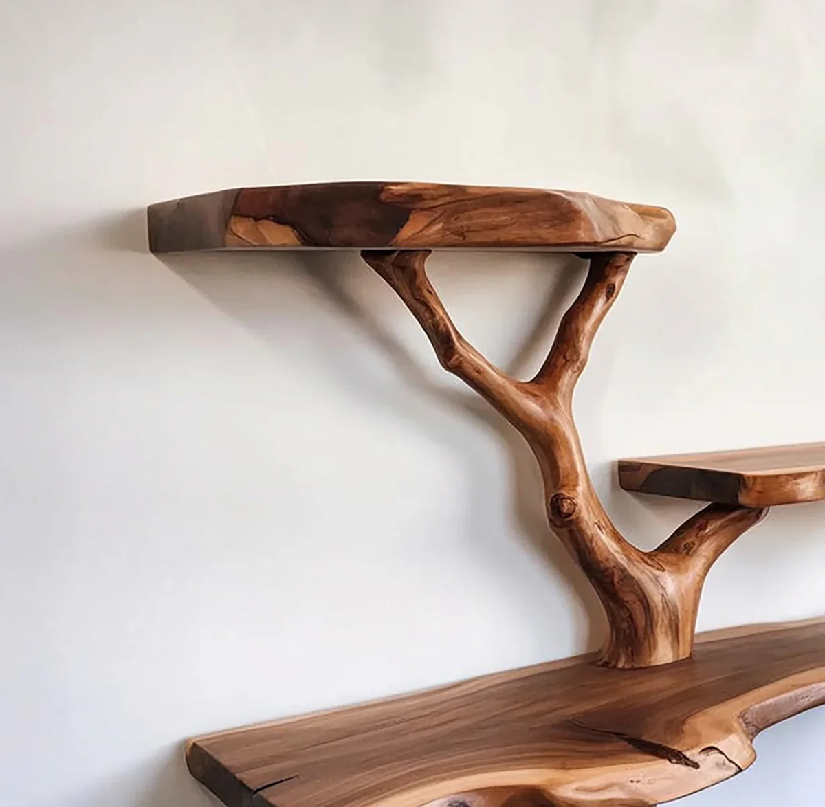 Live edge wooden bookshelf with tree branch design mounted on wall