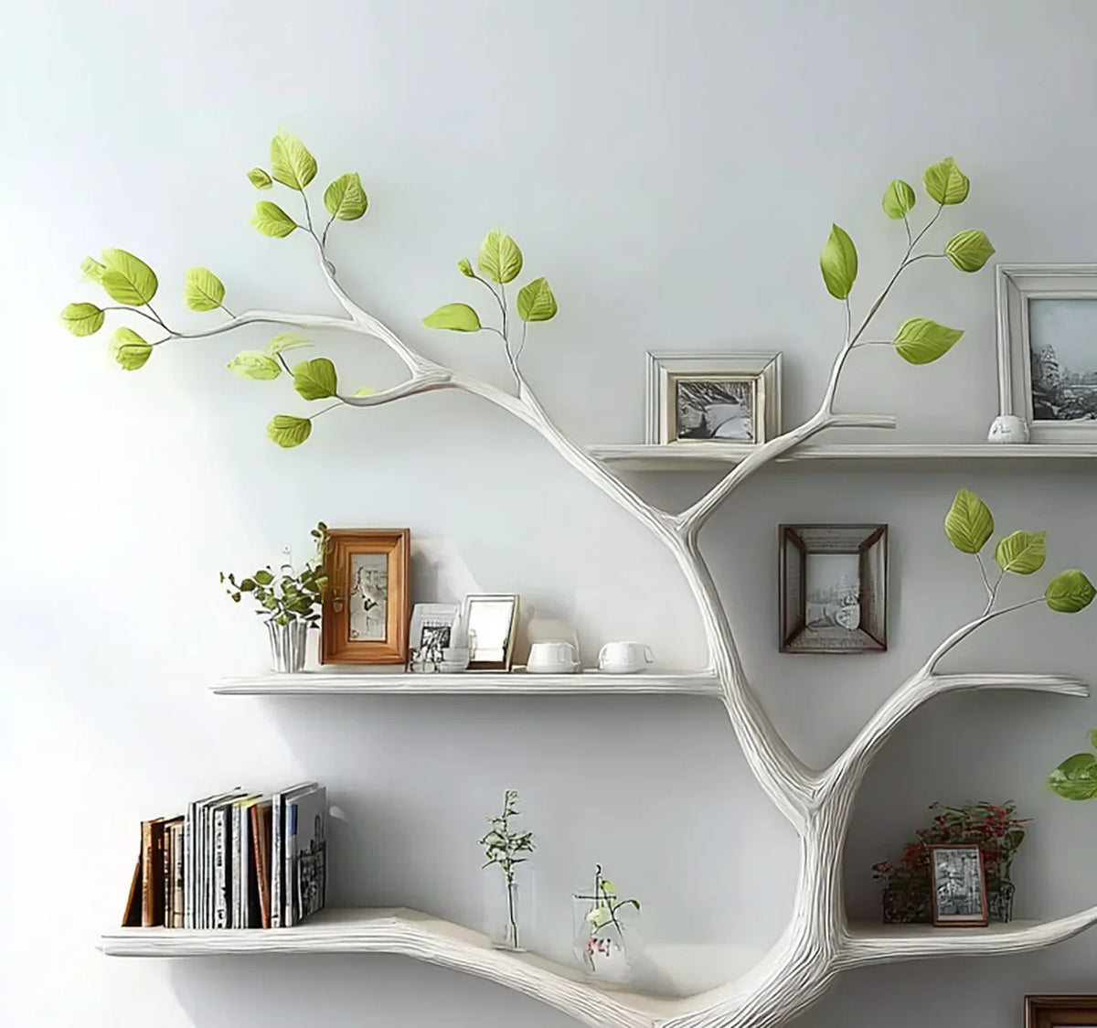 Tree bookshelf with floating shelves, books, picture frames, plants, and green leaf accents.