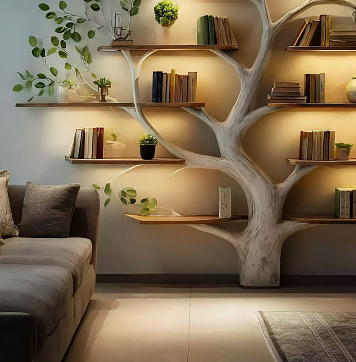 Modern living room with tree-shaped bookshelf featuring books, plants, and warm lighting