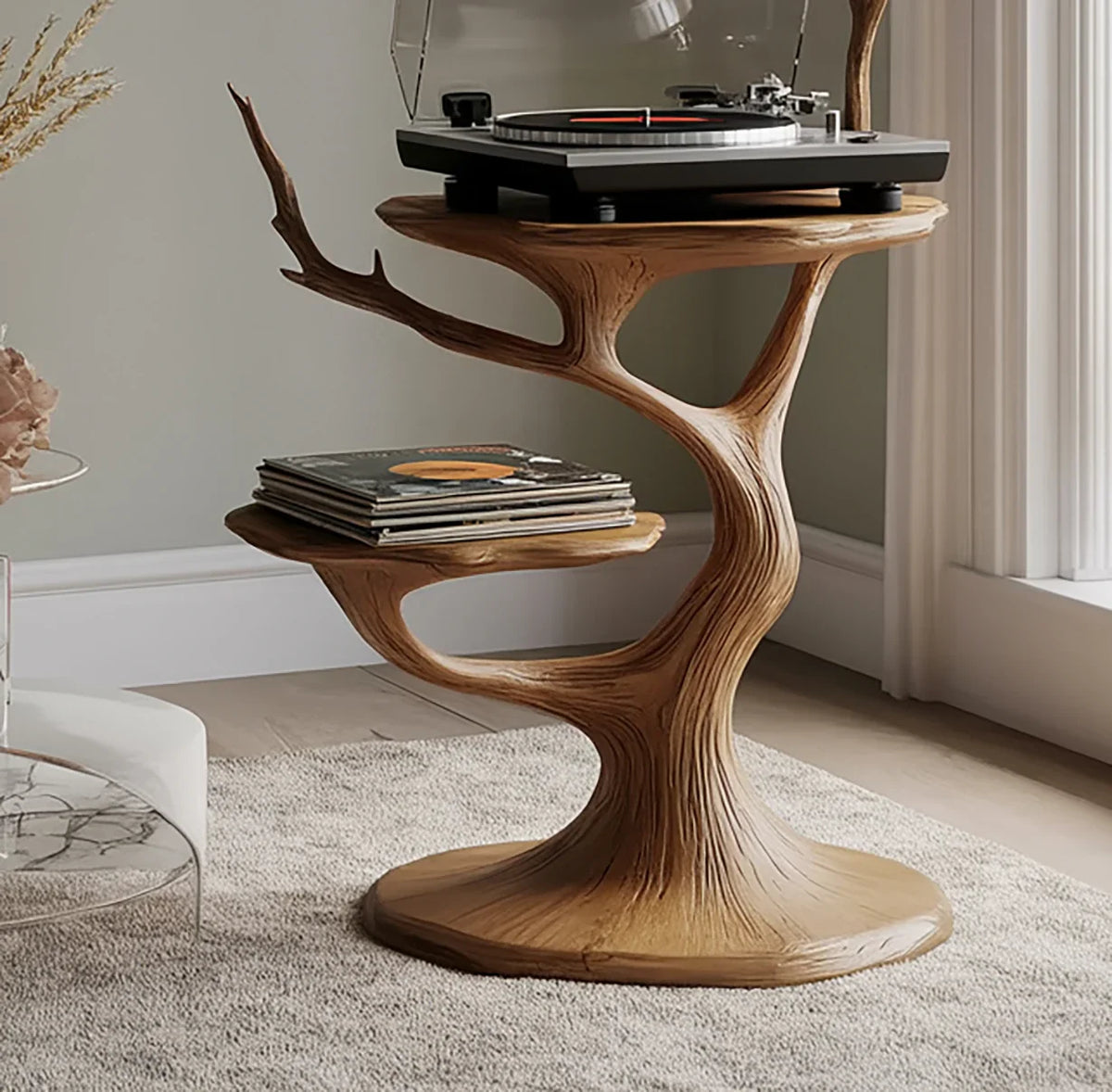 Live edge solid wood tree bookshelf with turntable and vinyl records, modern living room