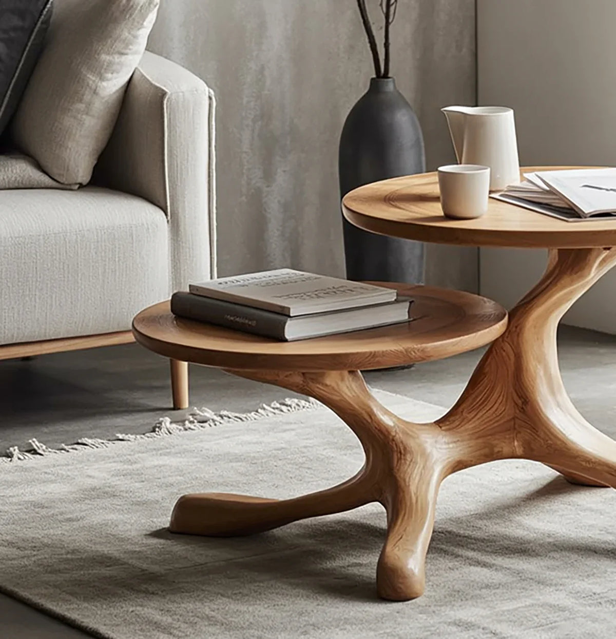 Sustainably crafted solid wood live edge coffee tables in a modern living room setting