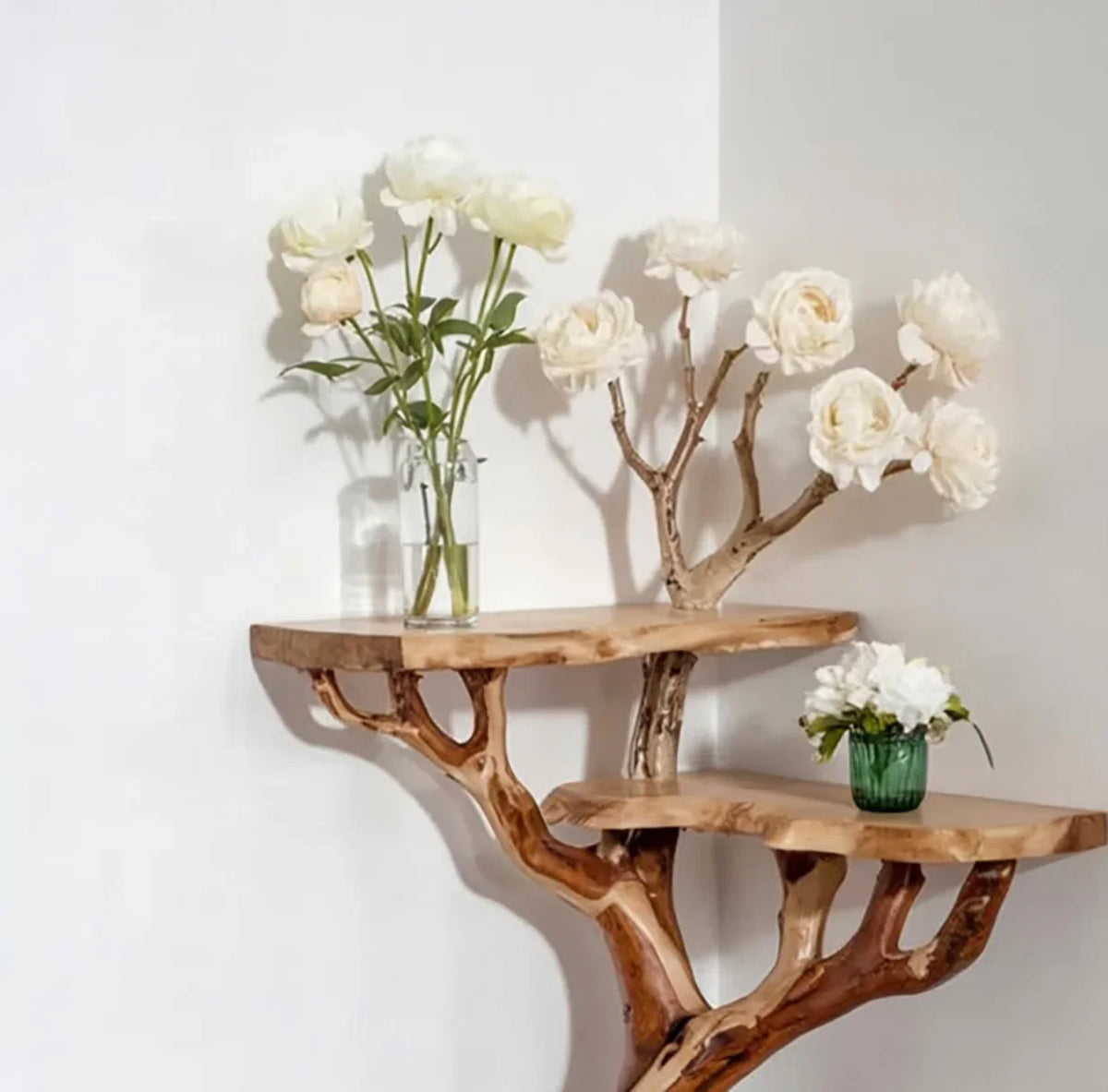 Live edge solid wood floating shelf shaped like a tree with flower vases, eco-friendly furniture