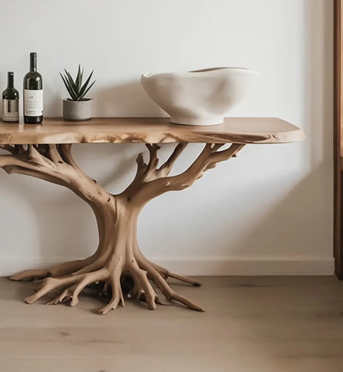Live edge console table with tree root base, solid wood, modern decor, wine bottles, plant, bowl