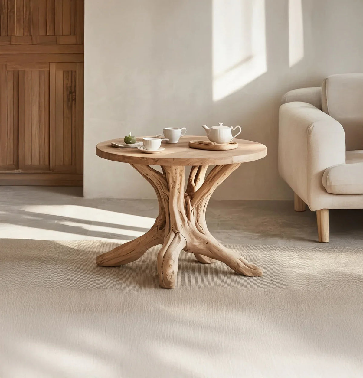 Solid wood live edge coffee table with tree root base in modern living room