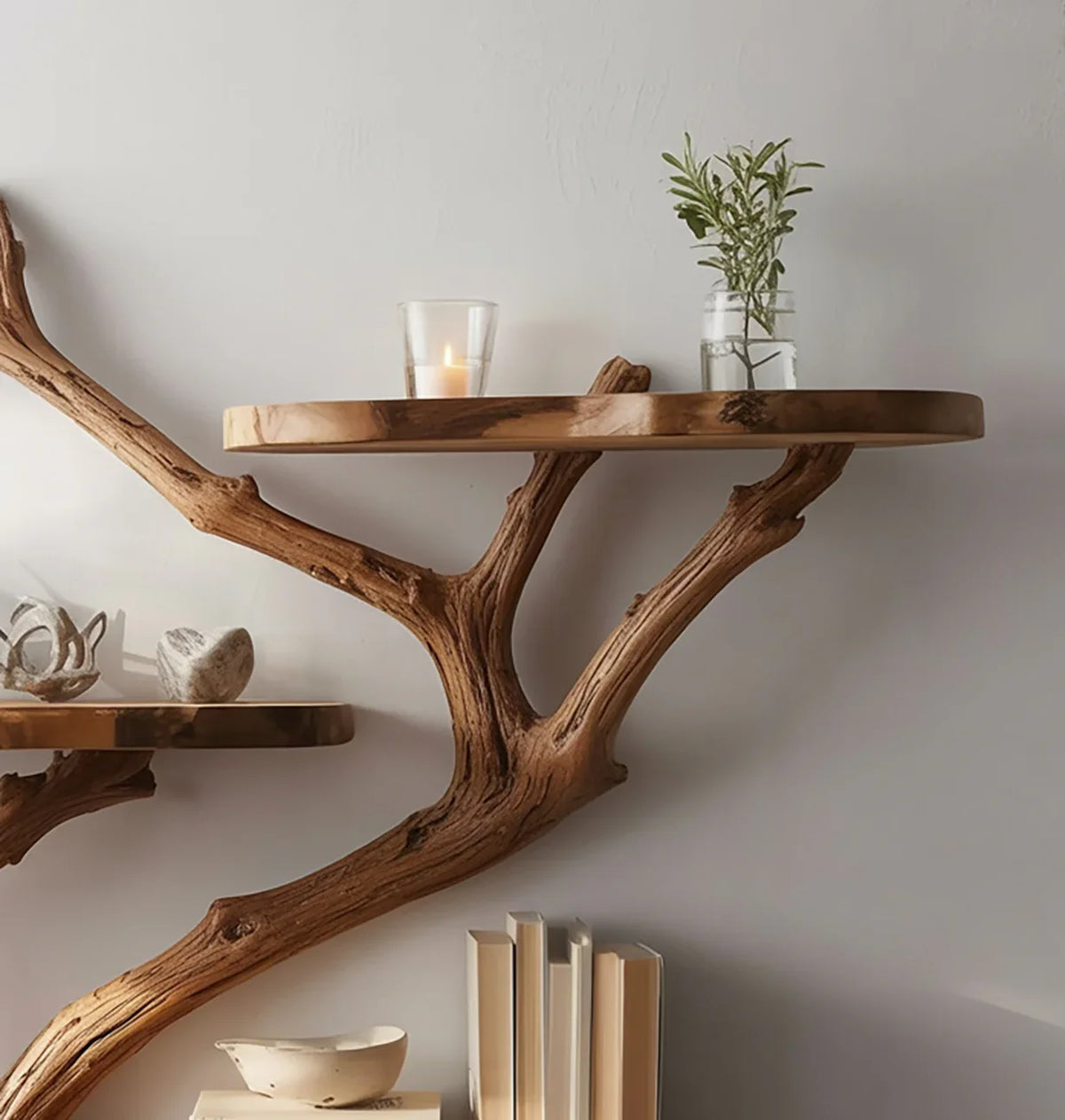 Live edge wooden tree bookshelf with floating shelves, candle, and plant decor on white wall