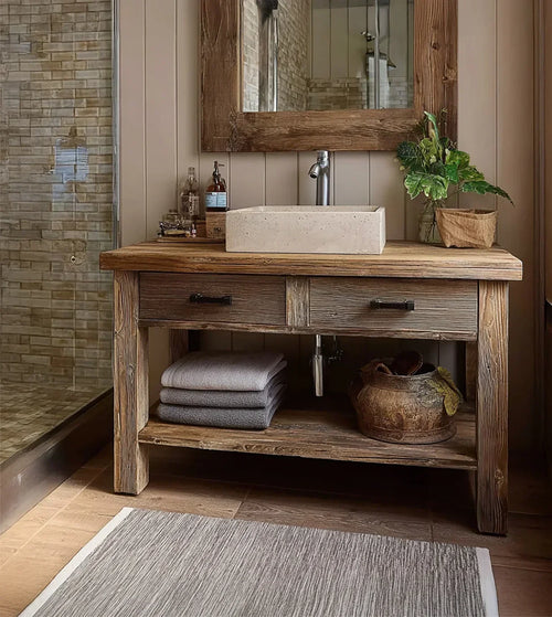 Wooden Rustic Style Handmade Bathroom Vanity – Live Edge Solid Wood Cabinet Table