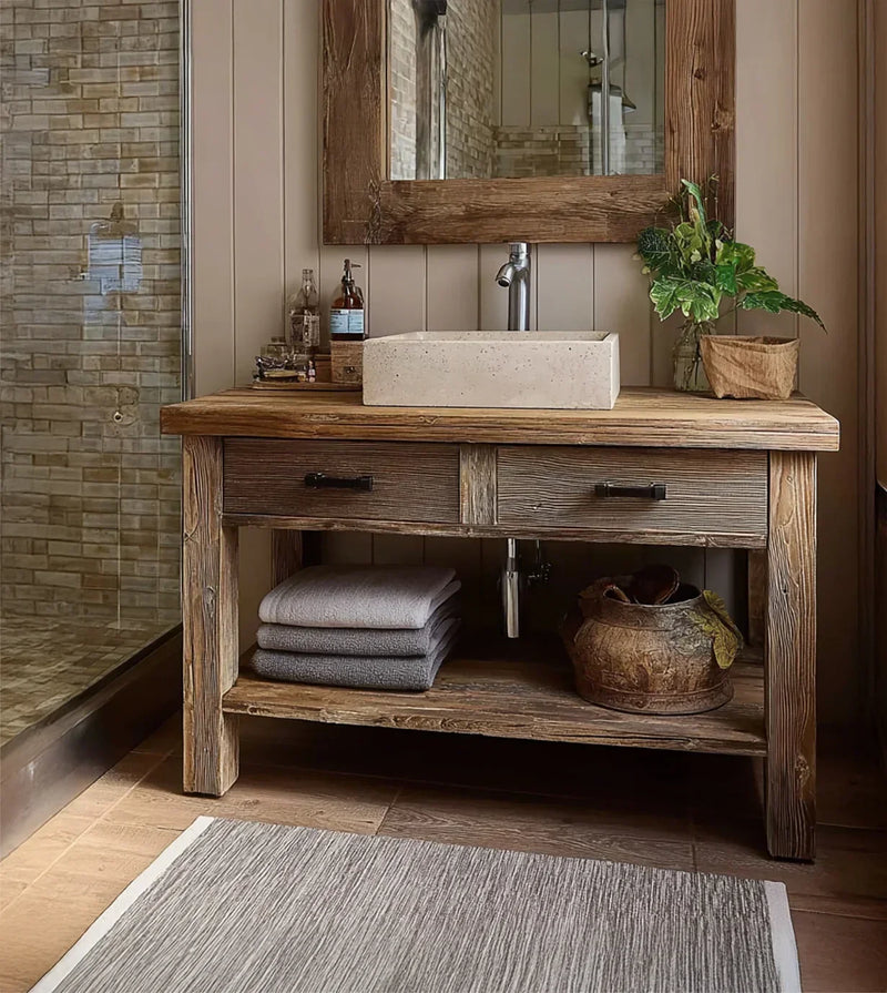Rustic solid wood bathroom vanity with vessel sink, mirror, and towels in modern setting