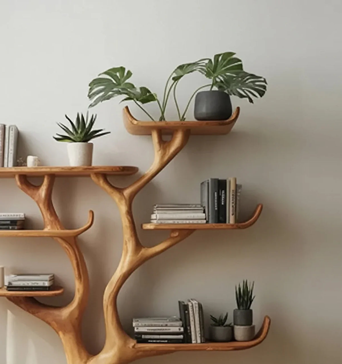 Tree-shaped solid wood bookshelf with books and potted plants against a white wall