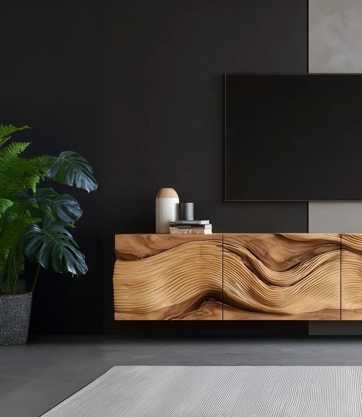 Modern living room with sculpted wood sideboard, black wall, indoor plant, and decorative vases.
