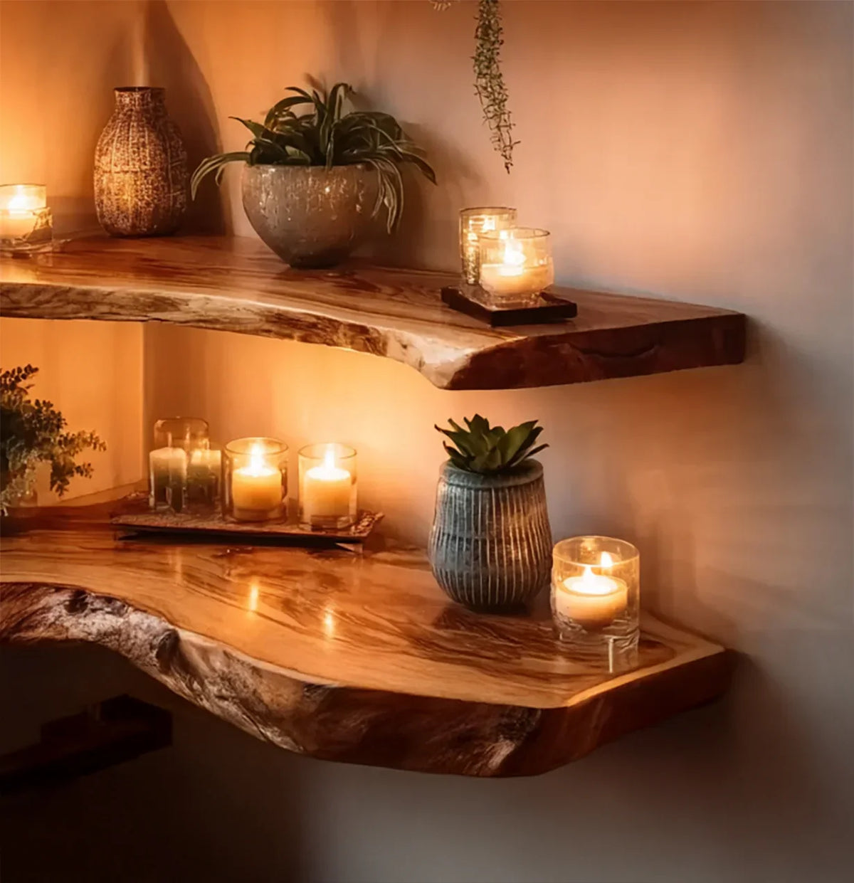 Rustic floating wooden shelves with candles and potted plants creating warm ambiance