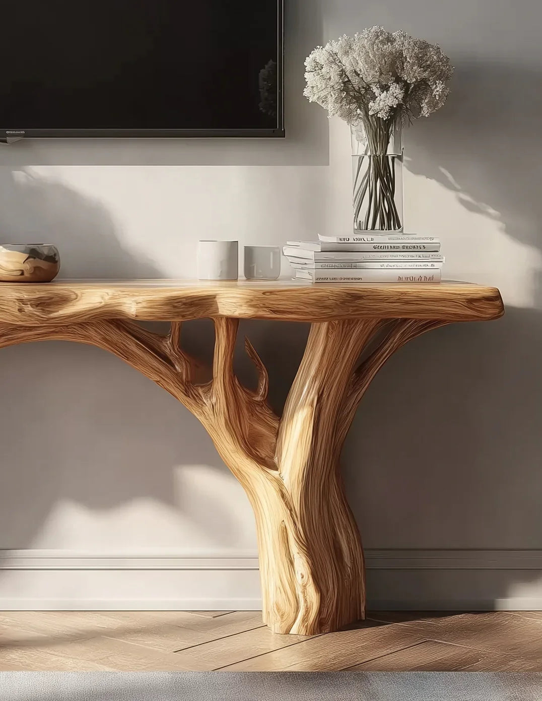 Live edge solid wood console table with natural tree base, styled with books, mugs, and a vase of flowers