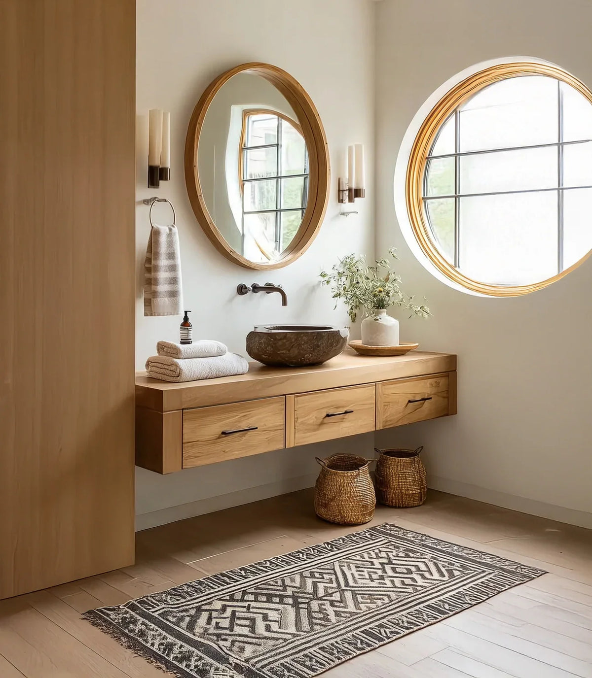 Modern bathroom with solid wood floating vanity, round mirror, stone vessel sink, woven baskets, and patterned rug