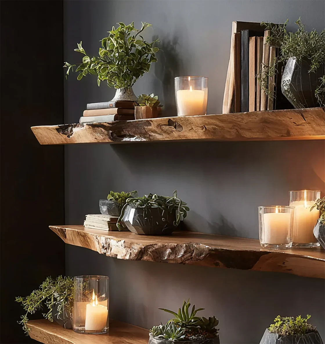 Rustic wooden shelves with potted green plants, vintage books, and lit candles against gray wall