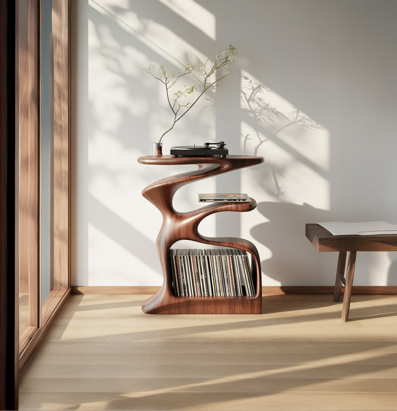 Organic Wood Record Player Stand – Handmade Sculptural Shelf for Vinyl Storage