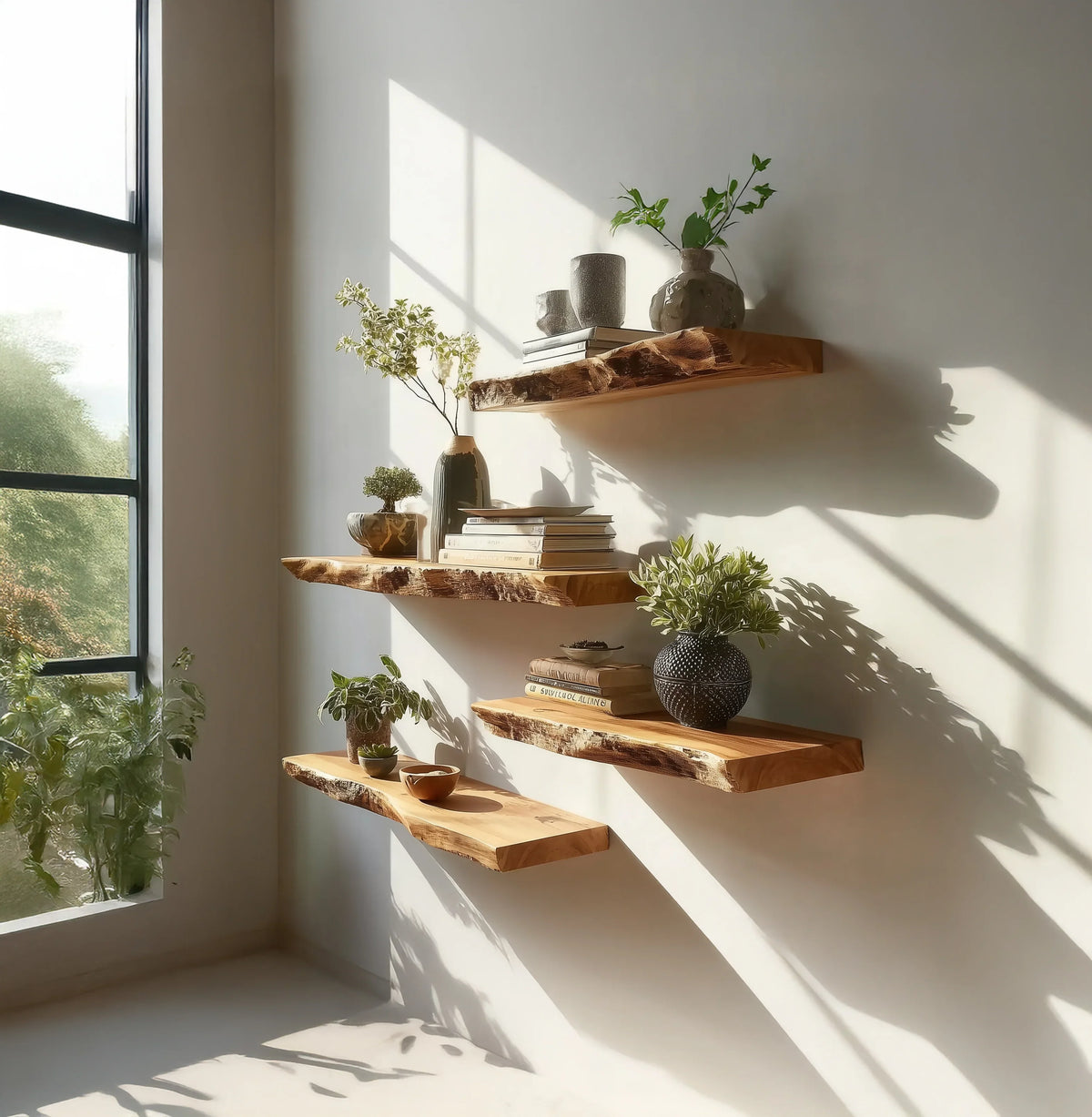 Sunlit corner with four natural wood floating shelves displaying plants, books, and ceramics