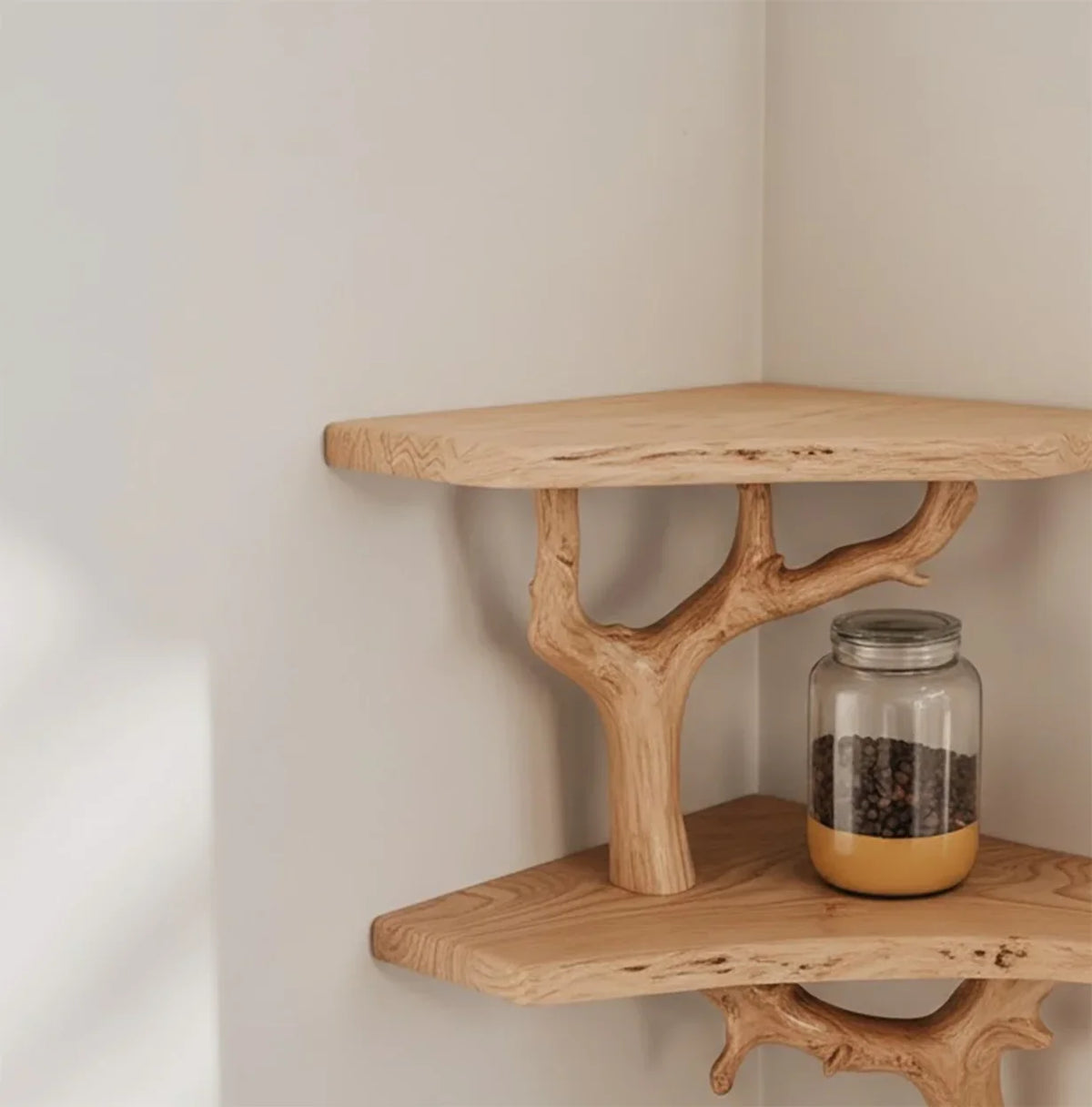 Solid wood corner shelf with tree branch support and glass jar decor in minimalist space