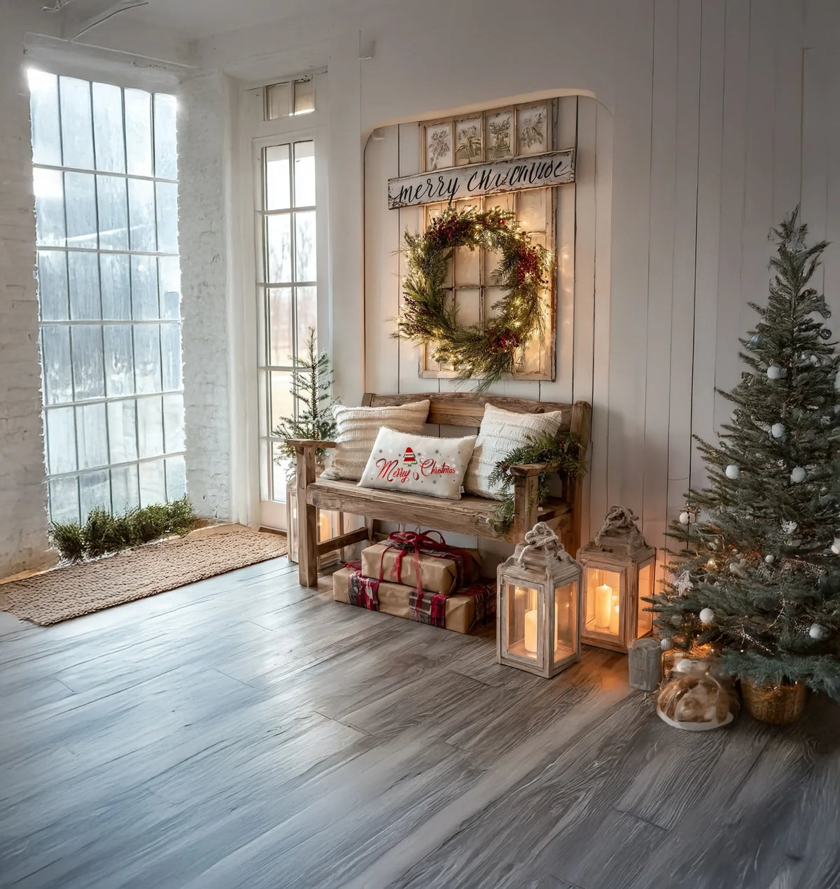 Cozy Christmas decor with wooden bench, wreath, gifts, lit lanterns, and decorated tree by window
