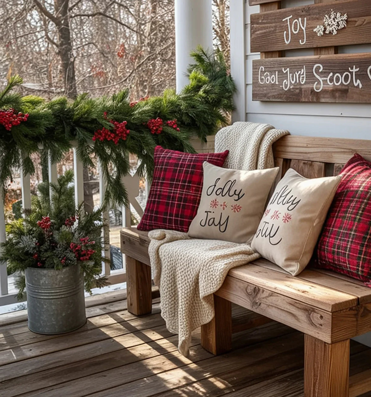 Cozy porch bench with holiday pillows and blanket, decorated with pine garland and red berries
