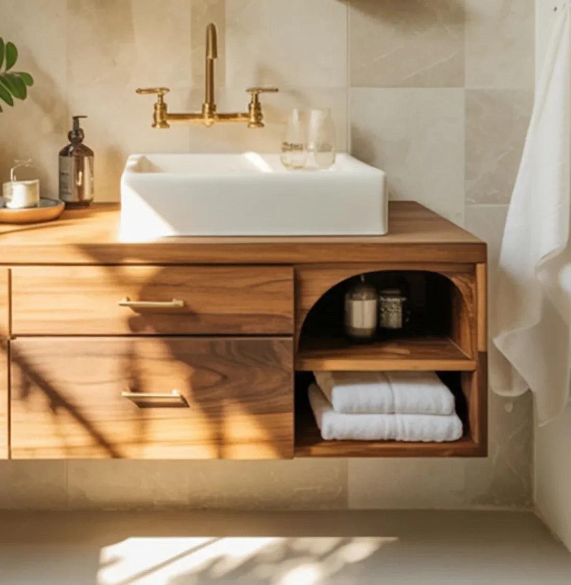 Modern bathroom with wooden floating vanity, white vessel sink, brass faucet, and folded towels