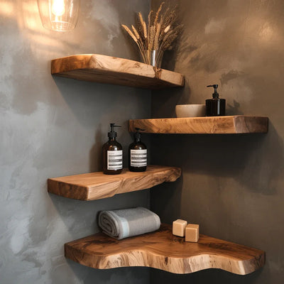 Live Edge Corner Floating Shelf – Handmade Solid Wood Wall Shelf